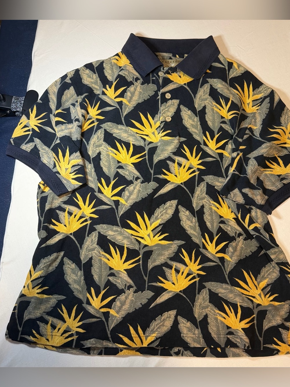 Men's vintage Black Polo Shirt with Yellow Floral Print